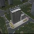 Aerial View Planning of Modern High Rise Building with Surrounding Green Trees and Roads