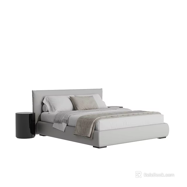 Modern Upholstered Double Bed with Gray Headboard Light Bedding Black Nightstand and Blanket 3d model 