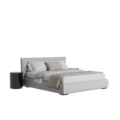 Modern Upholstered Double Bed with Gray Headboard Light Bedding Black Nightstand and Blanket 3d model