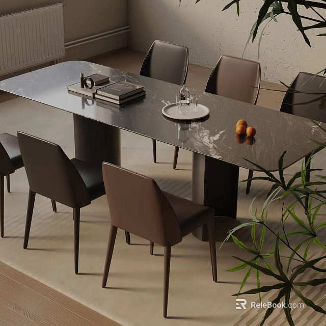 Modern Dining Table Set With Marble Top And Brown Chairs Plus Green Plant Interior 3d model 