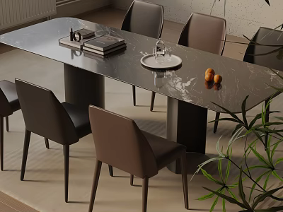 Modern Dining Table Set With Marble Top And Brown Chairs Plus Green Plant Interior 3d model