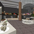 Elegant Restaurant Interior With Brown Columns Circular Buffet Counters And Green Plants