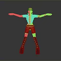 3D Character Model With Orange Hair Black Outfit Gold Accents And Arms Outstretched
