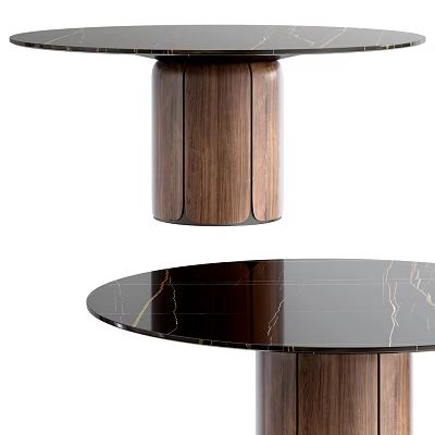 Round Modern Luxury Dining Table with Black Marble Tabletop and Wooden Table Legs 3d model