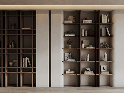 Modern Minimalist Display Cabinets With Open Shelving Dark Light Wood Tones Books Vases Decorative Items 3d model