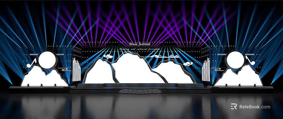 Modern Ballroom Stage Design With Purple Blue Lighting Rays And Decorative Elements 3d model 