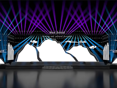 Modern Ballroom Stage Design With Purple Blue Lighting Rays And Decorative Elements 3d model