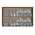 Stainless Steel And Glass Tableware Set With Plates Cups On Wooden Shelf