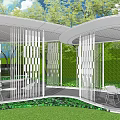 Modern Garden Landscape With Unique Curved Roof Structure Surrounded By Greenery And Trees