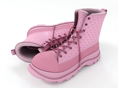 Pink High Top Leather Boots With Dot Pattern And Chunky Sole 3d model