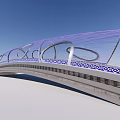 Modern Arched Bridge With Blue Decorative Patterns Gray Deck And Blue Sky Background 3d model