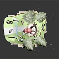 Cartoon Floating Island Scene With Small Wooden House Green Trees Red Decorations And Grassy Top