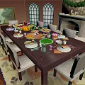 Cozy Dark Wooden Dining Table Set With White Chairs Food Dishes Arched Windows And Fireplace Decorations