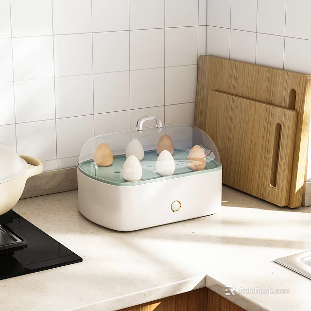 White Egg Storage Container with Transparent Lid and Wooden Cutting Board in Kitchen 3d model 