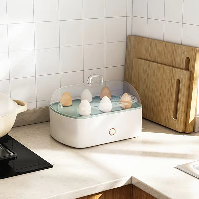 White Egg Storage Container with Transparent Lid and Wooden Cutting Board in Kitchen 3d model