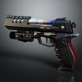 Modern Black Pistol With Red Grip Blue Glowing Part And Metallic Structure