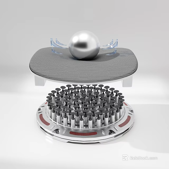 Floating Sphere Display Stand With Gray Platform Blue Supports Black Columns And Metallic Base 3d model 