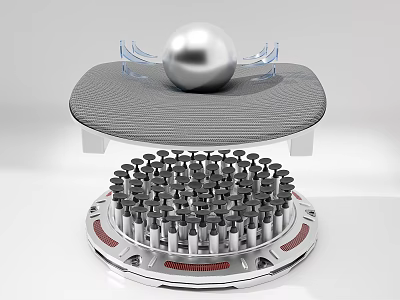 Floating Sphere Display Stand With Gray Platform Blue Supports Black Columns And Metallic Base 3d model