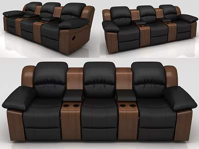 Comfortable Public Chairs With Black Leather Seats And Wooden Armrests With Cup Holders 3d model