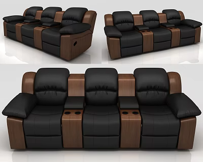 Comfortable Public Chairs With Black Leather Seats And Wooden Armrests With Cup Holders 3d model