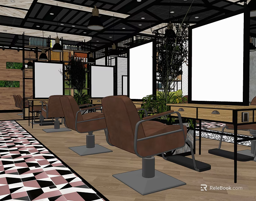 Hair Salon Interior Design With Brown Chairs Geometric Patterned Floor Mirrors And Green Plants 3d model 