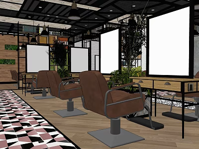 Hair Salon Interior Design With Brown Chairs Geometric Patterned Floor Mirrors And Green Plants 3d model