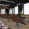 Hair Salon Interior Design With Brown Chairs Geometric Patterned Floor Mirrors And Green Plants