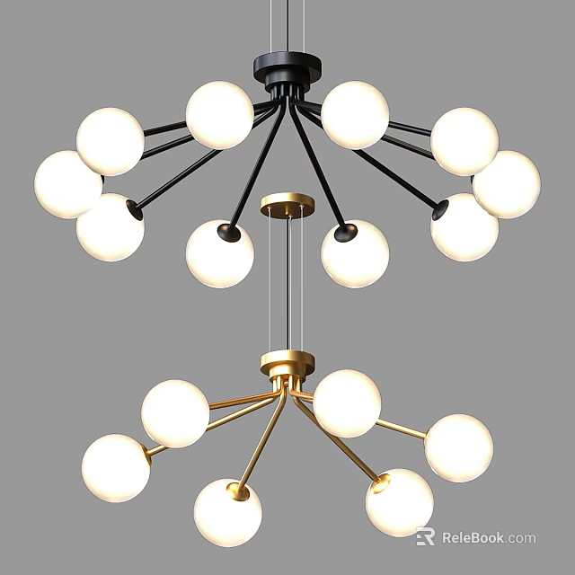 Modern Chandelier With Black And Gold Frame And Spherical Bulbs 3d model 