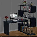 Navy Blue L Shaped Desk With Computer Monitor Decorative Items Potted Plant And Storage Shelves