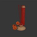 Traditional Decorative Brass Incense Burner With Incense Sticks And Orange Flowers
