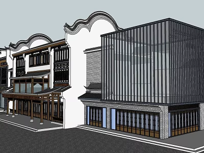 Traditional Modern Commercial Street Architecture With Classic Roof And Glass Facade Design 3d model