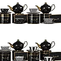 Luxurious Black Dinnerware Set With Patterned Teapots Cups Saucers And Gold Accents 3d model