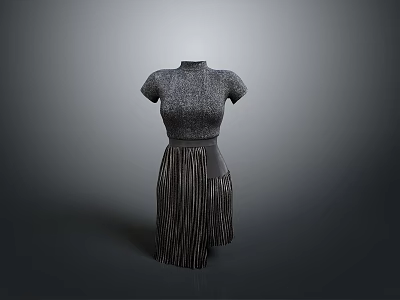 Elegant High Neck Short Sleeve Knitted Dress With Striped Pleated Skirt And Waist Belt 3d model