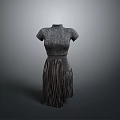 Elegant High Neck Short Sleeve Knitted Dress With Striped Pleated Skirt And Waist Belt