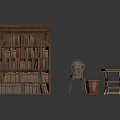 Vintage Wooden Bookshelf With Many Books Iron Chair Small Table And Trash Bin