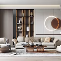 Modern Living Room Interior With Beige Sofa Armchair Black Gold Bookshelf And Round Wall Art