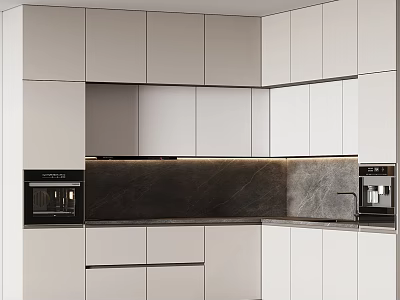 Modern Kitchen Interior With White Cabinets Dark Countertop And Built in Appliances 3d model