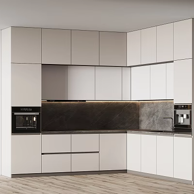 Modern Kitchen Interior With White Cabinets Dark Countertop And Built in Appliances 3d model