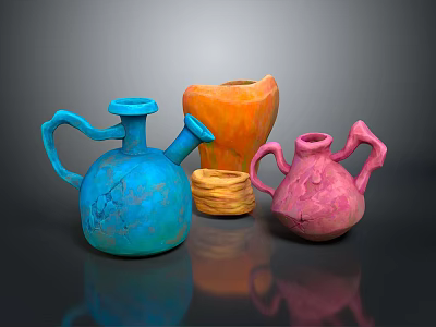 Colorful Decorative Vases And Woven Basket For Stylish Home Furniture Decor 3d model