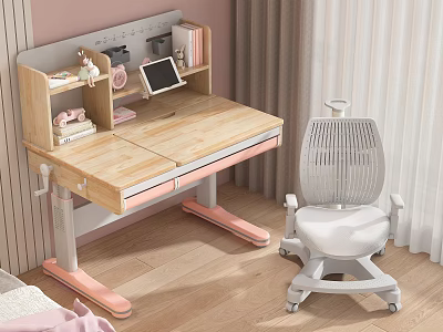 Wooden Study Desk With Pink Legs Built In Shelf Books Tablet Decor And White Chair 3d model