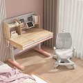 Wooden Study Desk With Pink Legs Built In Shelf Books Tablet Decor And White Chair