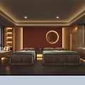 Elegant SPA Sauna Interior With Wooden Decor Red Wall Circular Art And Massage Beds