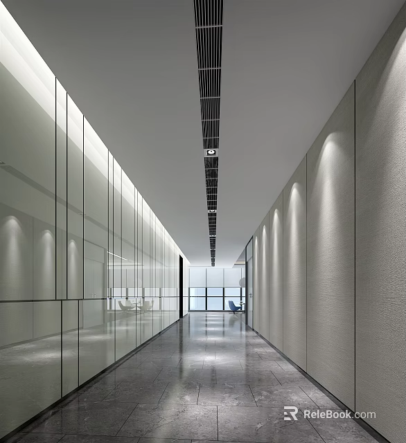 Modern Elevator Hallway With Glass Partitions Recessed Lighting And Polished Floor Design 3d model 