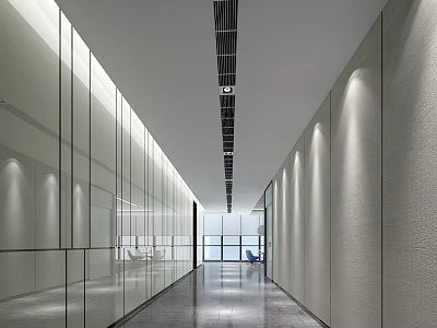Modern Elevator Hallway With Glass Partitions Recessed Lighting And Polished Floor Design 3d model
