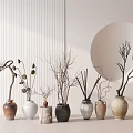 Various Ceramic Vases With Dried Branches On Minimalist Light Colored Wall With Circular Decor