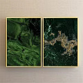 Green Abstract Paintings With Golden Patterns And Gold Frames For Home Decor 3d model
