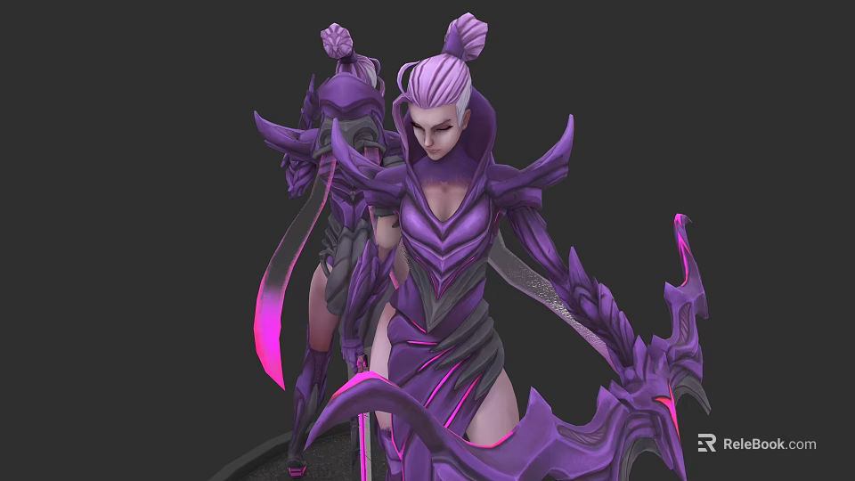 Fantasy Woman in Ornate Purple Armor with Pink Accents and White Hair Holding Weapon 3d model 
