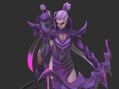 Fantasy Woman in Ornate Purple Armor with Pink Accents and White Hair Holding Weapon 3d model