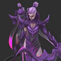 Fantasy Woman in Ornate Purple Armor with Pink Accents and White Hair Holding Weapon