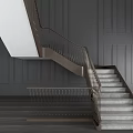 Modern Staircase Design With White Steps Black Gold Railings Dark Walls And Wooden Flooring